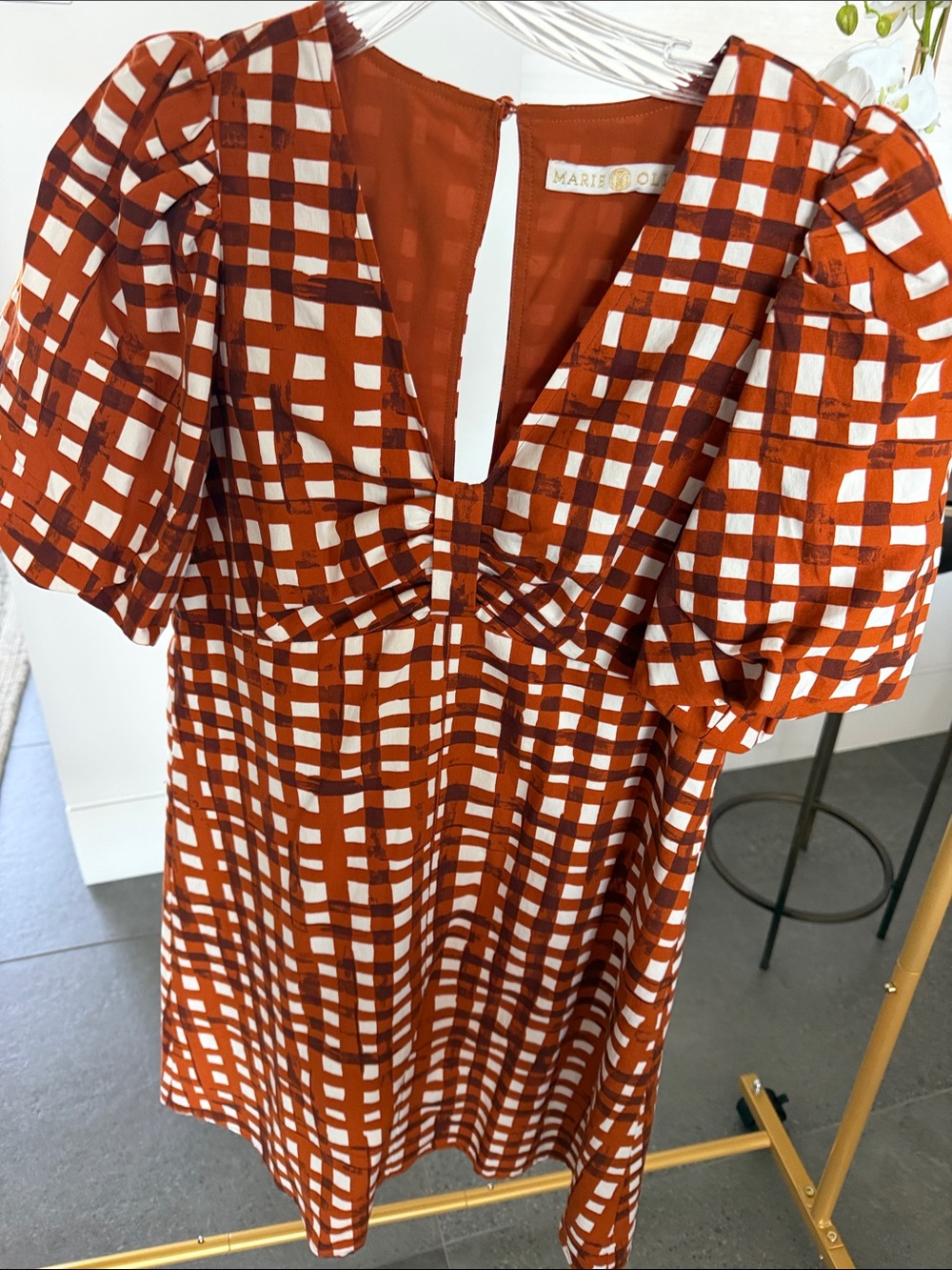 Marie Oliver Rust and White Gingham Puff-Sleeve Mini Dress